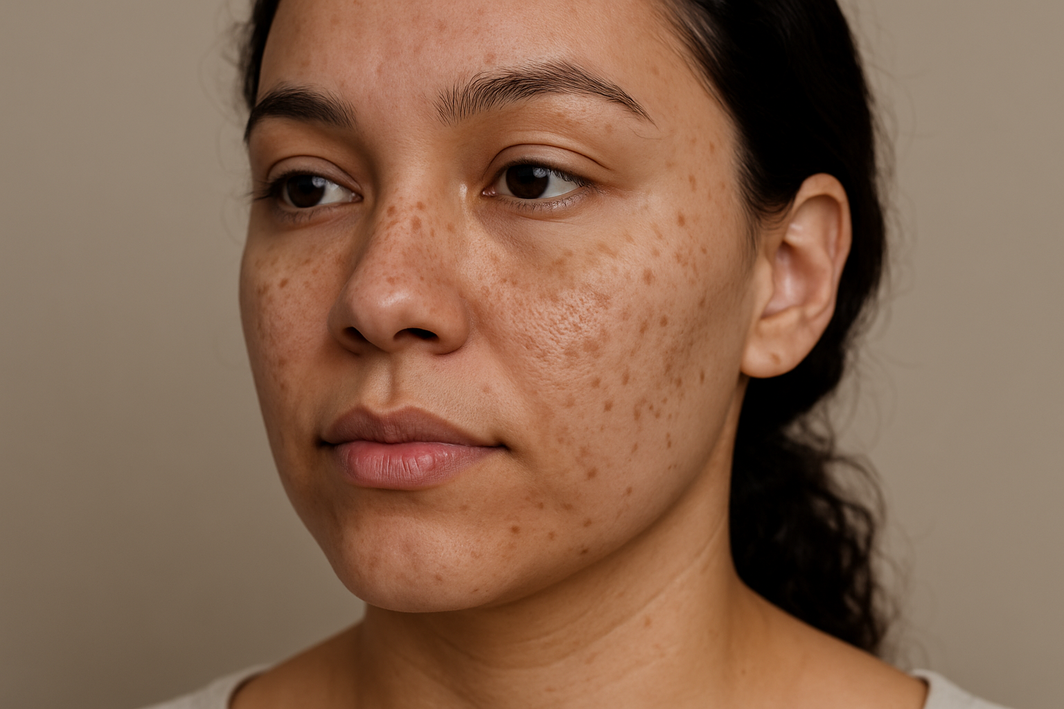 Visage d'une femme avec des taches et légères cicatrices